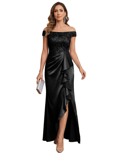 Off The Shoulder Lace Satin Bridesmaid Dress Ruched Slit Lace-Up Back Moms Dress