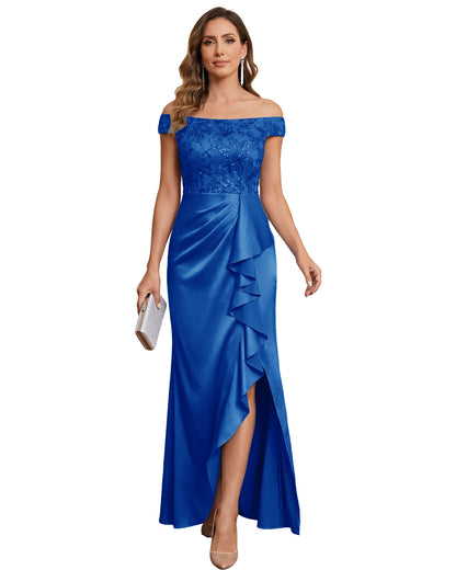 Off The Shoulder Lace Satin Bridesmaid Dress Ruched Slit Lace-Up Back Moms Dress