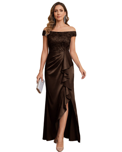 Off The Shoulder Lace Satin Bridesmaid Dress Ruched Slit Lace-Up Back Moms Dress