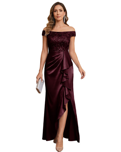 Off The Shoulder Lace Satin Bridesmaid Dress Ruched Slit Lace-Up Back Moms Dress