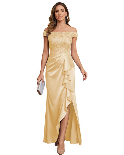 Off The Shoulder Lace Satin Bridesmaid Dress Ruched Slit Lace-Up Back Moms Dress