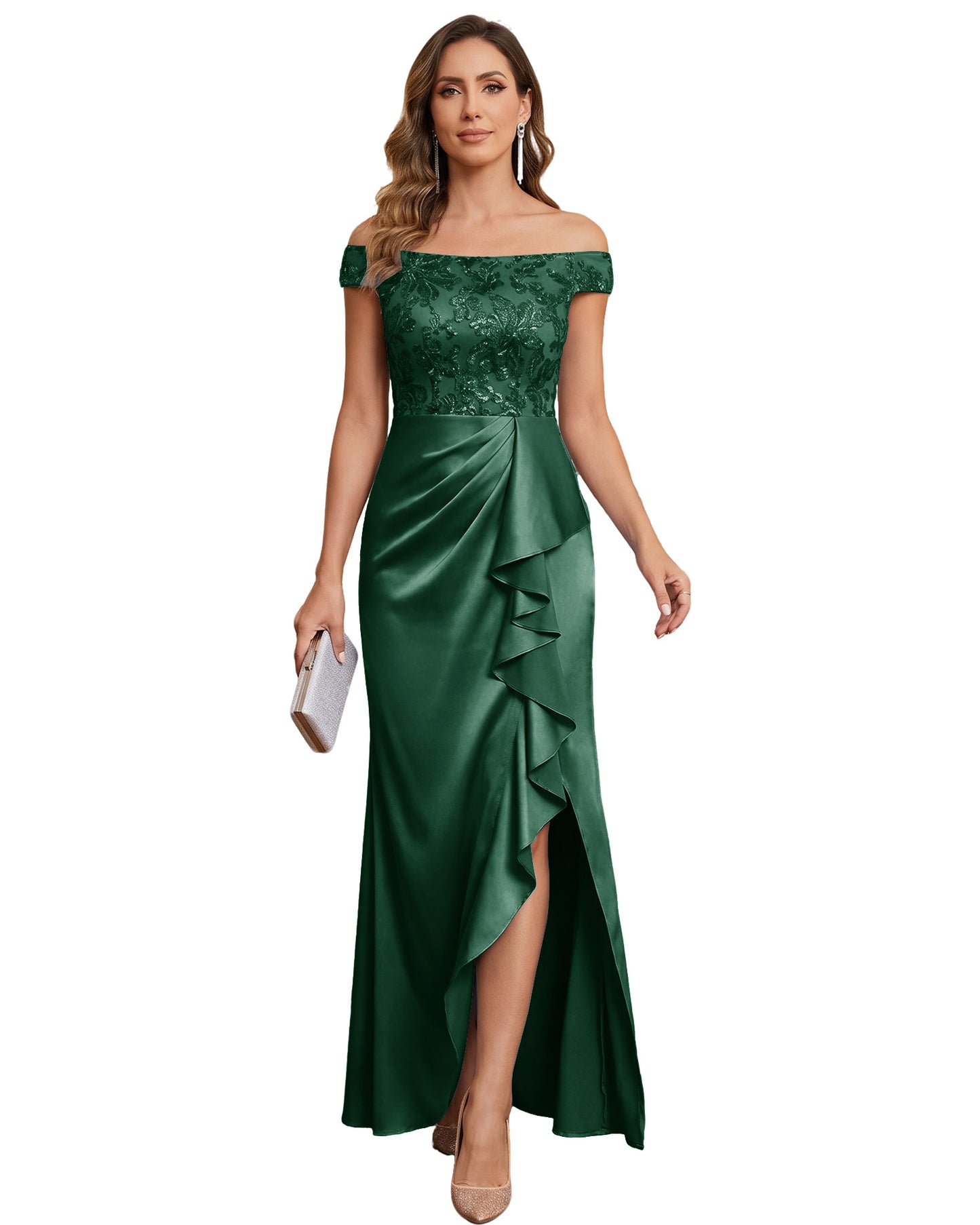 Off The Shoulder Lace Satin Bridesmaid Dress Ruched Slit Lace-Up Back Moms Dress
