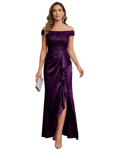 Off The Shoulder Lace Satin Bridesmaid Dress Ruched Slit Lace-Up Back Moms Dress
