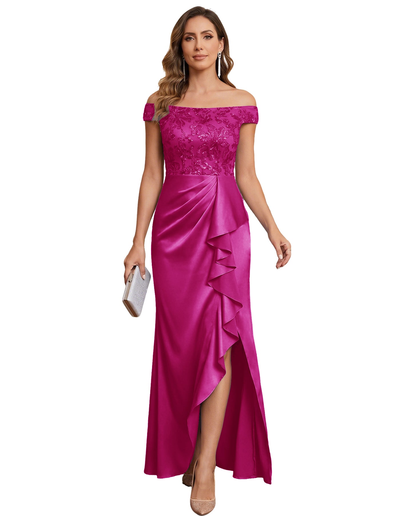 Off The Shoulder Lace Satin Bridesmaid Dress Ruched Slit Lace-Up Back Moms Dress