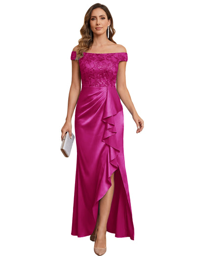 Off The Shoulder Lace Satin Bridesmaid Dress Ruched Slit Lace-Up Back Moms Dress