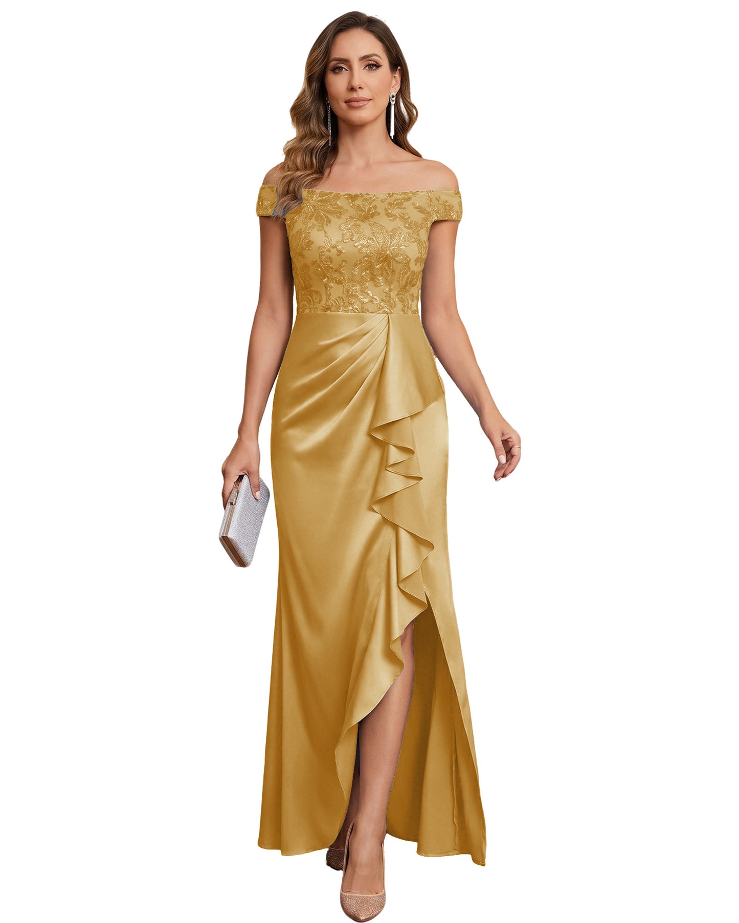 Off The Shoulder Lace Satin Bridesmaid Dress Ruched Slit Lace-Up Back Moms Dress