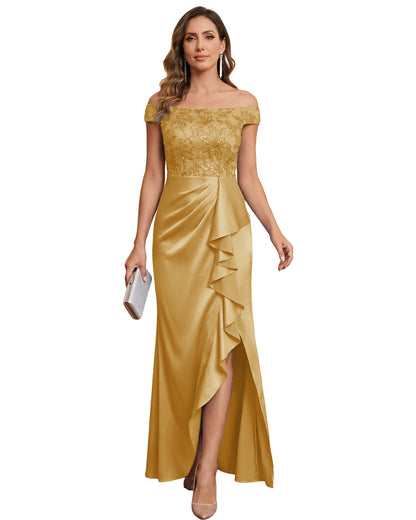 Off The Shoulder Lace Satin Bridesmaid Dress Ruched Slit Lace-Up Back Moms Dress