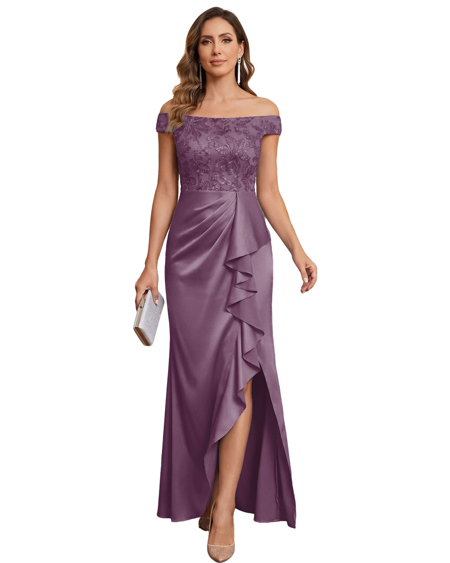 Off The Shoulder Lace Satin Bridesmaid Dress Ruched Slit Lace-Up Back Moms Dress