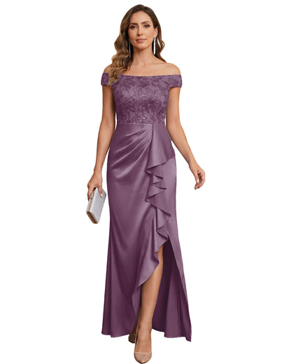 Off The Shoulder Lace Satin Bridesmaid Dress Ruched Slit Lace-Up Back Moms Dress