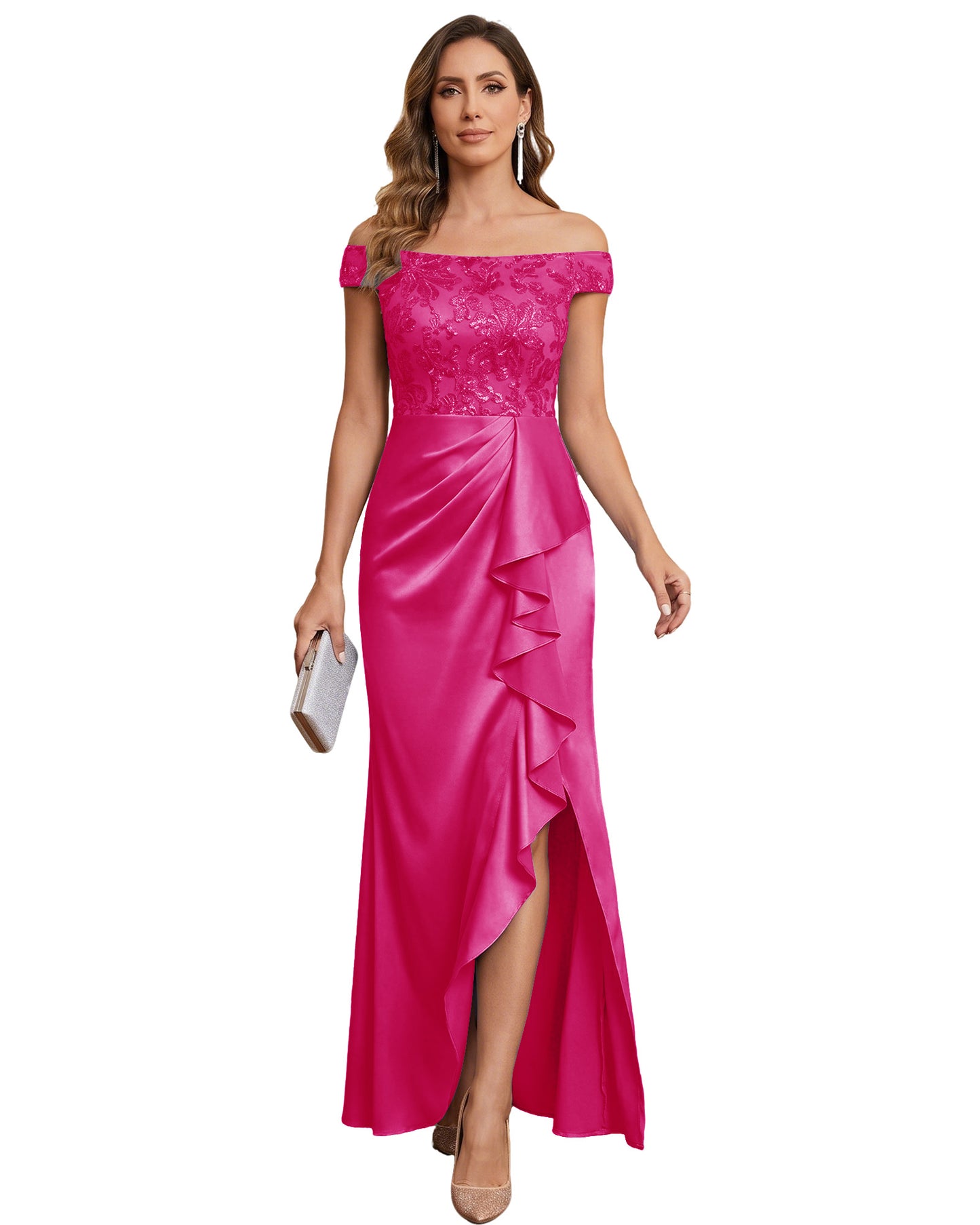 Off The Shoulder Lace Satin Bridesmaid Dress Ruched Slit Lace-Up Back Moms Dress