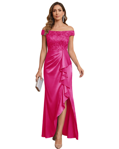 Off The Shoulder Lace Satin Bridesmaid Dress Ruched Slit Lace-Up Back Moms Dress