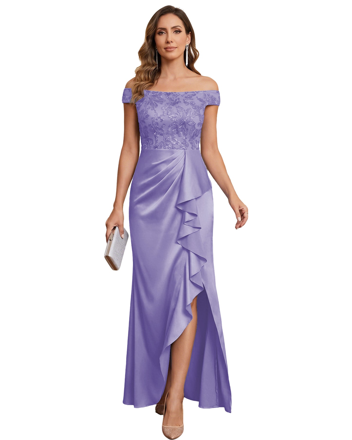 Off The Shoulder Lace Satin Bridesmaid Dress Ruched Slit Lace-Up Back Moms Dress