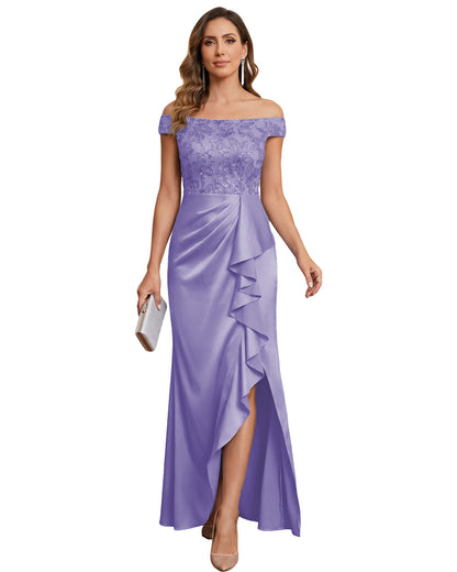 Off The Shoulder Lace Satin Bridesmaid Dress Ruched Slit Lace-Up Back Moms Dress
