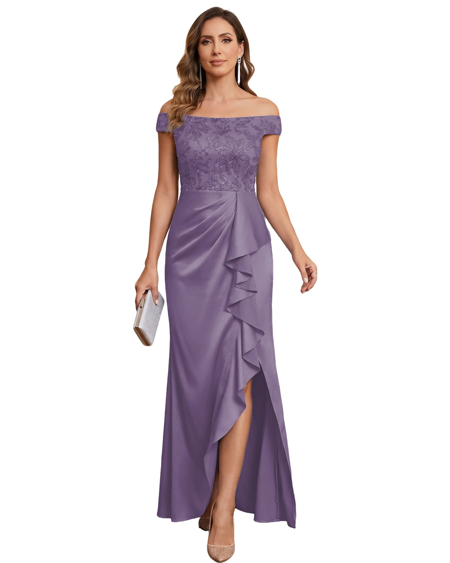 Off The Shoulder Lace Satin Bridesmaid Dress Ruched Slit Lace-Up Back Moms Dress