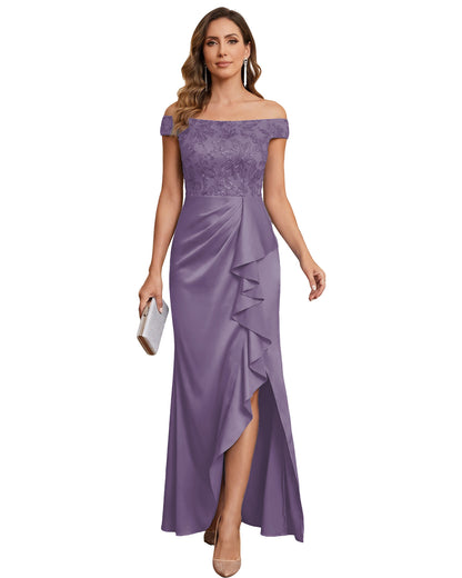 Off The Shoulder Lace Satin Bridesmaid Dress Ruched Slit Lace-Up Back Moms Dress