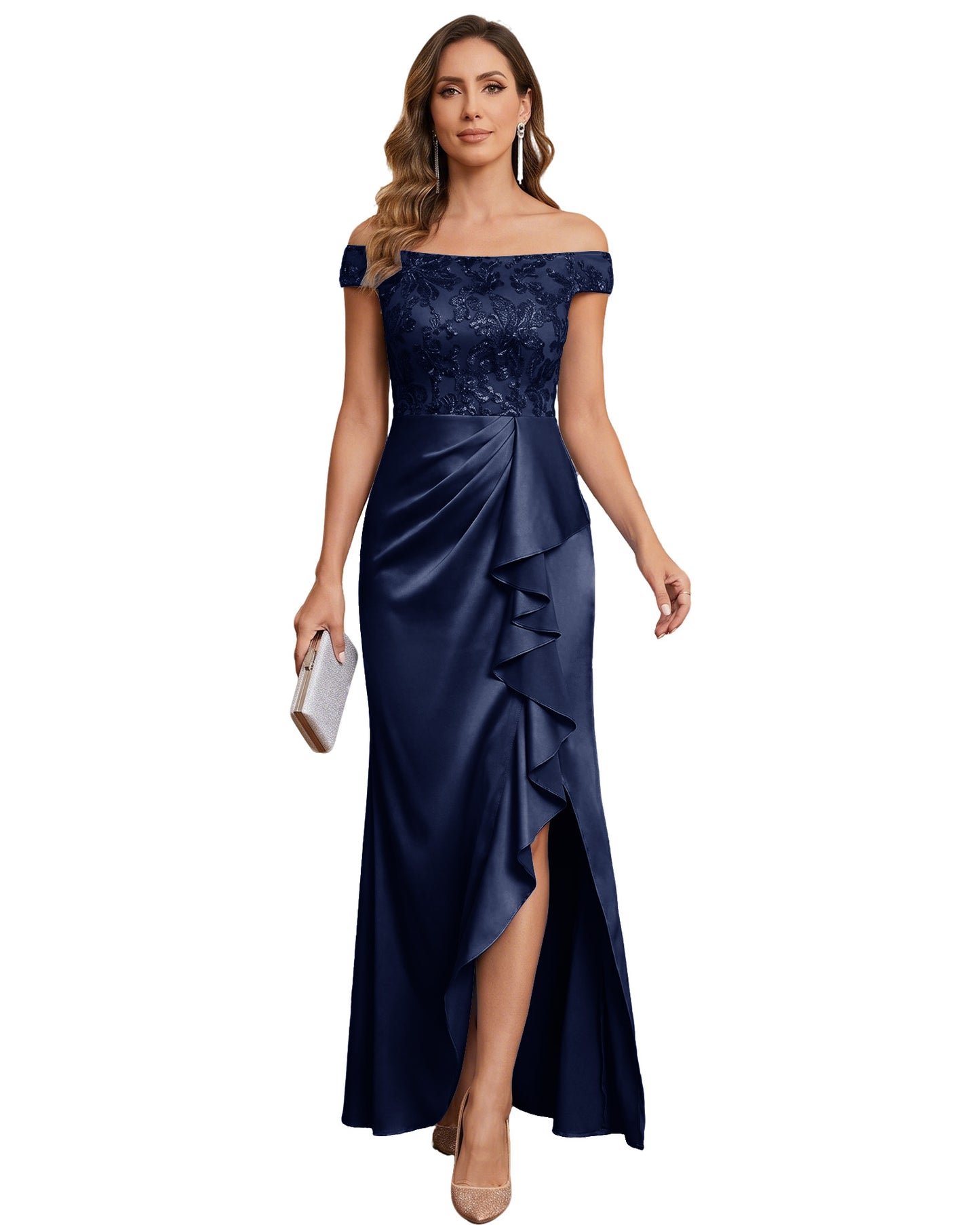 Off The Shoulder Lace Satin Bridesmaid Dress Ruched Slit Lace-Up Back Moms Dress