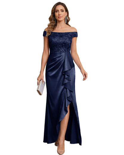 Off The Shoulder Lace Satin Bridesmaid Dress Ruched Slit Lace-Up Back Moms Dress