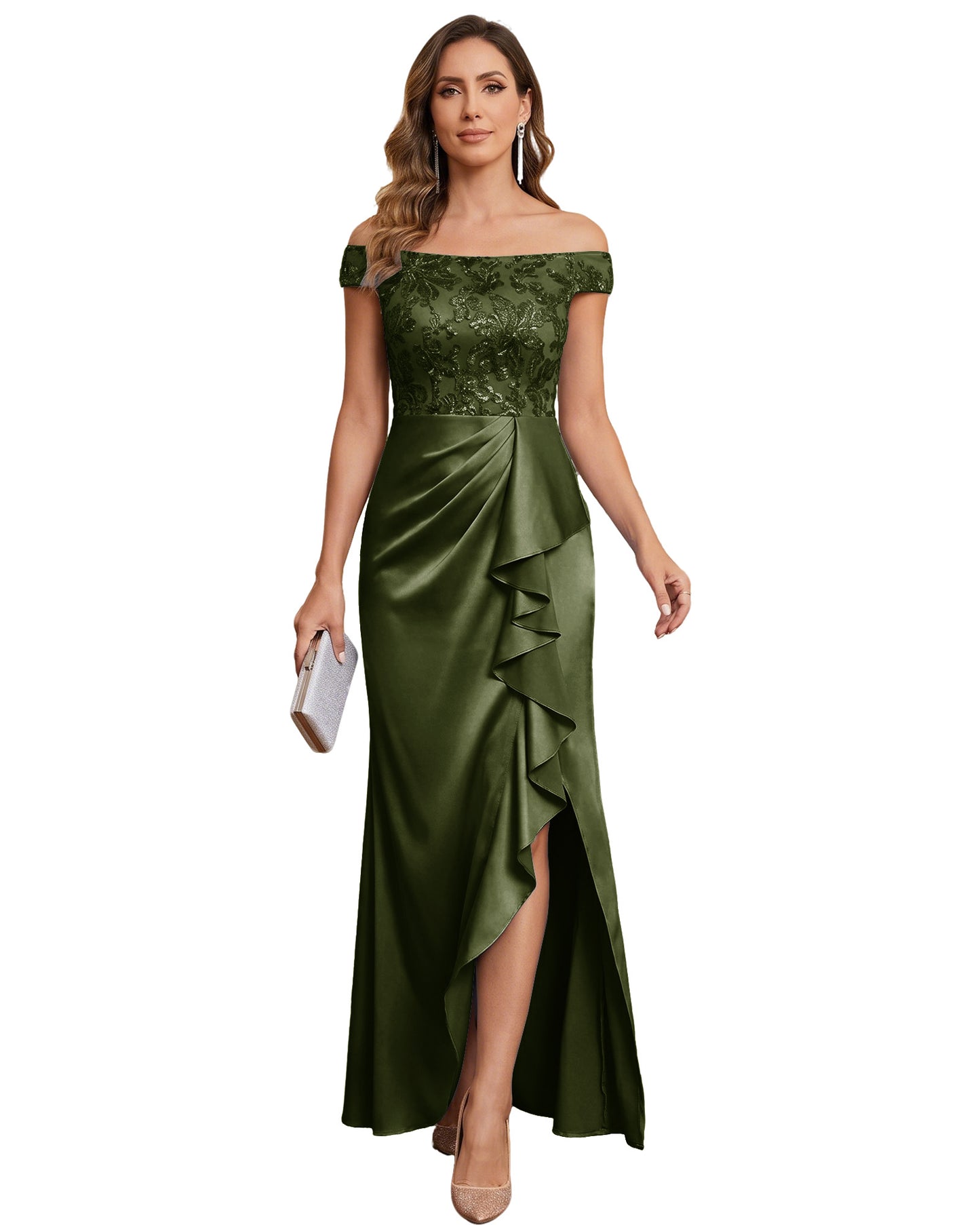 Off The Shoulder Lace Satin Bridesmaid Dress Ruched Slit Lace-Up Back Moms Dress