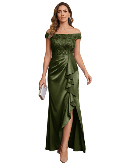Off The Shoulder Lace Satin Bridesmaid Dress Ruched Slit Lace-Up Back Moms Dress