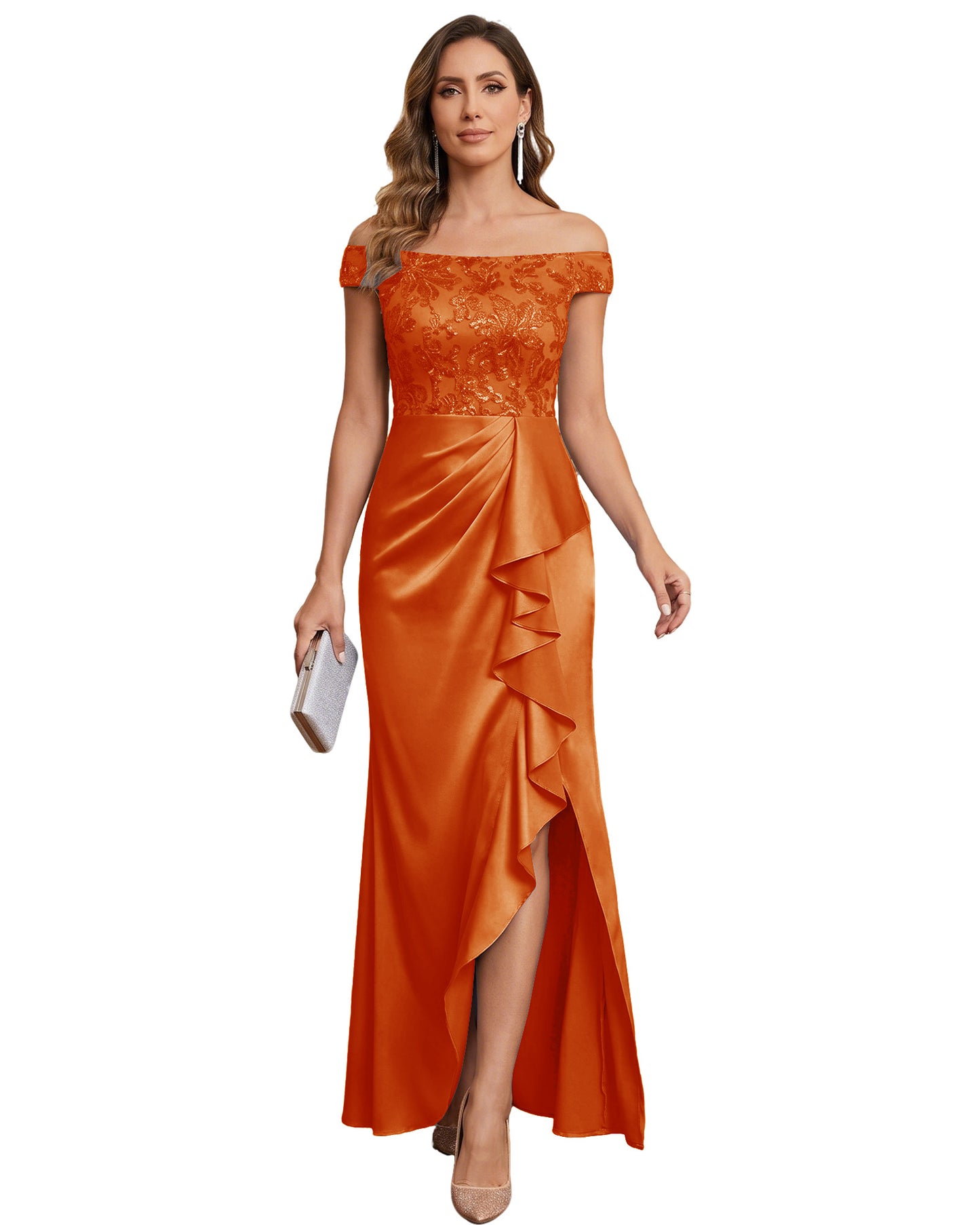Off The Shoulder Lace Satin Bridesmaid Dress Ruched Slit Lace-Up Back Moms Dress