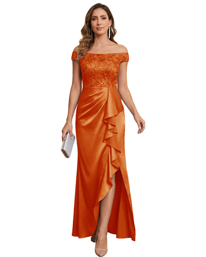 Off The Shoulder Lace Satin Bridesmaid Dress Ruched Slit Lace-Up Back Moms Dress