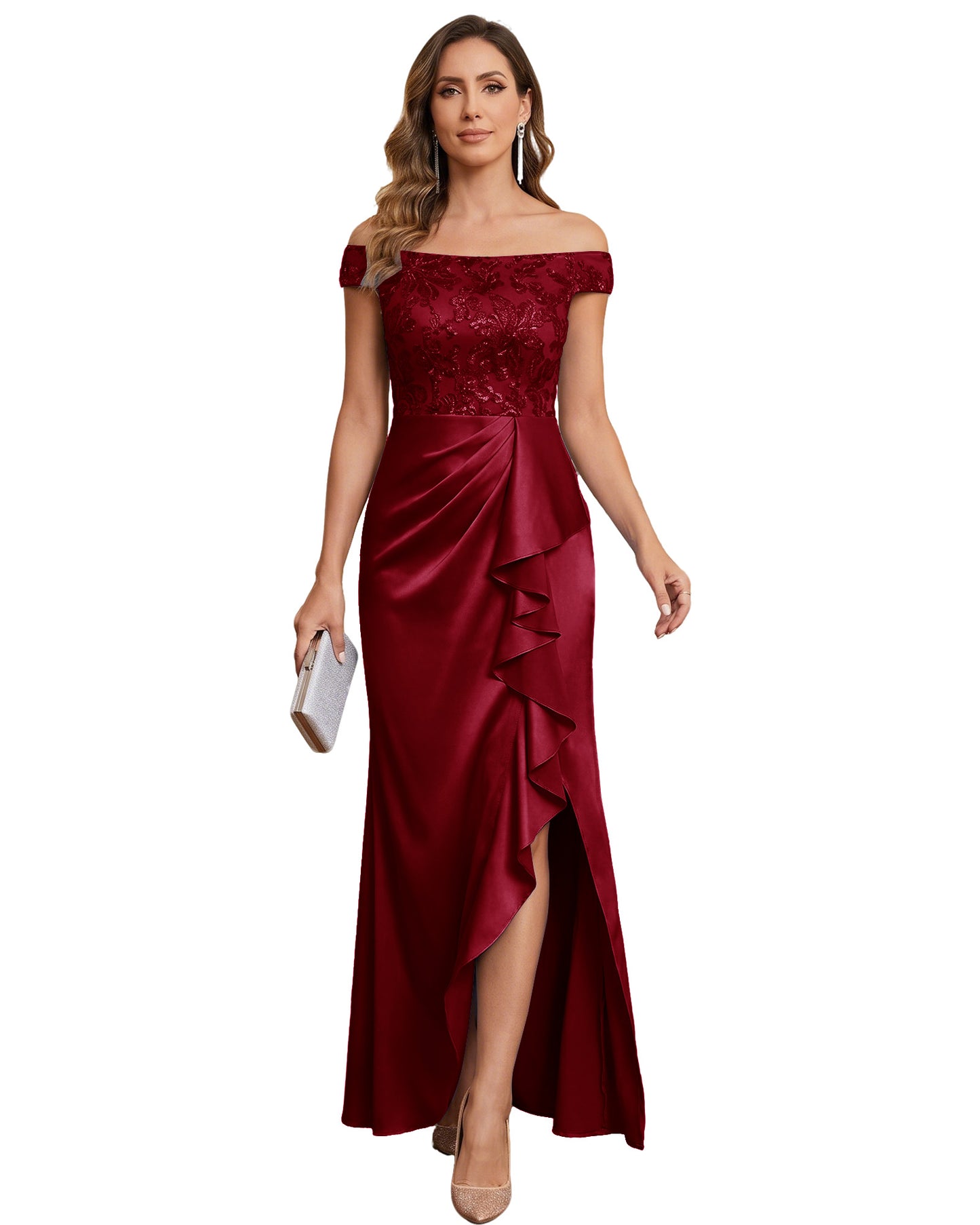 Off The Shoulder Lace Satin Bridesmaid Dress Ruched Slit Lace-Up Back Moms Dress