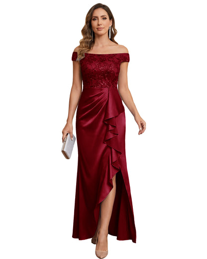 Off The Shoulder Lace Satin Bridesmaid Dress Ruched Slit Lace-Up Back Moms Dress