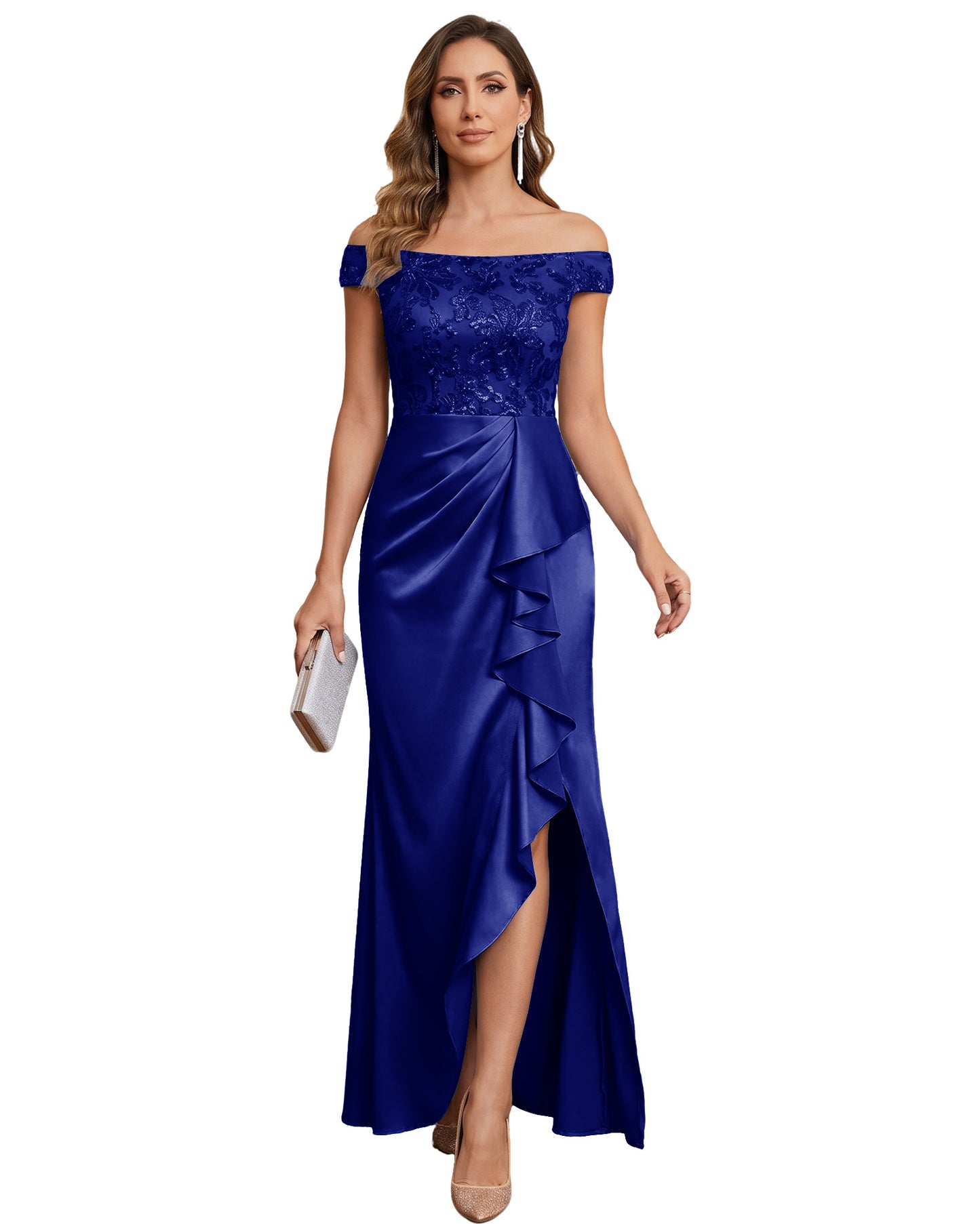 Off The Shoulder Lace Satin Bridesmaid Dress Ruched Slit Lace-Up Back Moms Dress