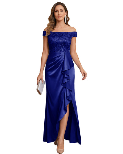 Off The Shoulder Lace Satin Bridesmaid Dress Ruched Slit Lace-Up Back Moms Dress