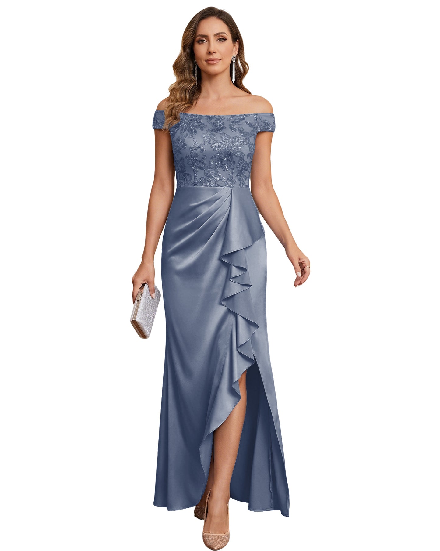 Off The Shoulder Lace Satin Bridesmaid Dress Ruched Slit Lace-Up Back Moms Dress
