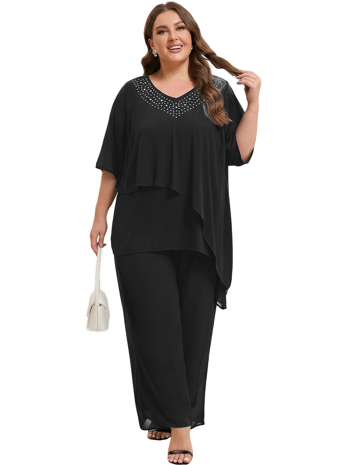 Beaded V-Neck Chiffon Asymmetrical Layered Moms Sets with Wide-Leg Pants