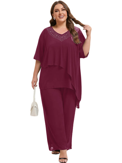 Beaded V-Neck Chiffon Asymmetrical Layered Moms Sets with Wide-Leg Pants