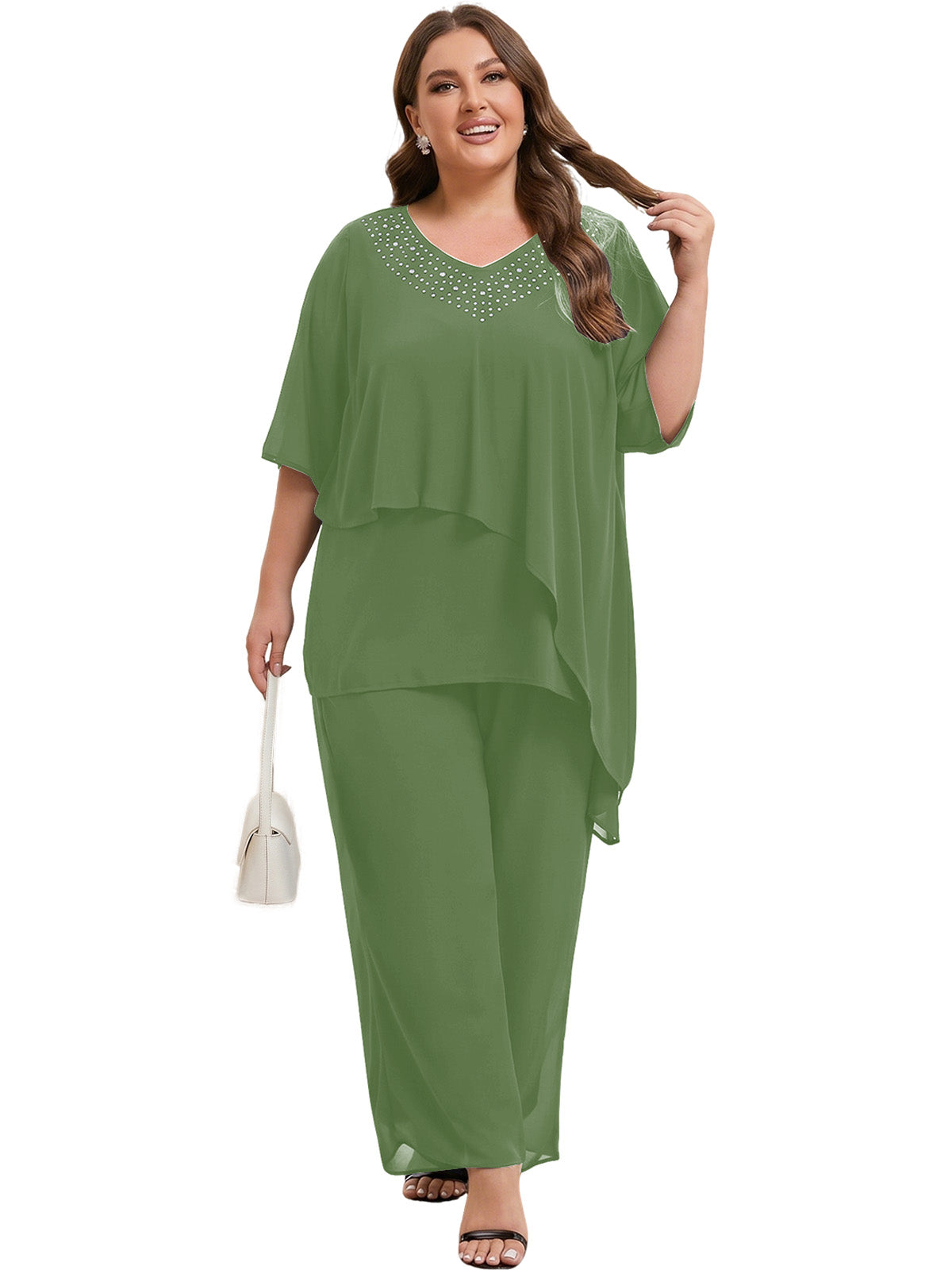 Beaded V-Neck Chiffon Asymmetrical Layered Moms Sets with Wide-Leg Pants