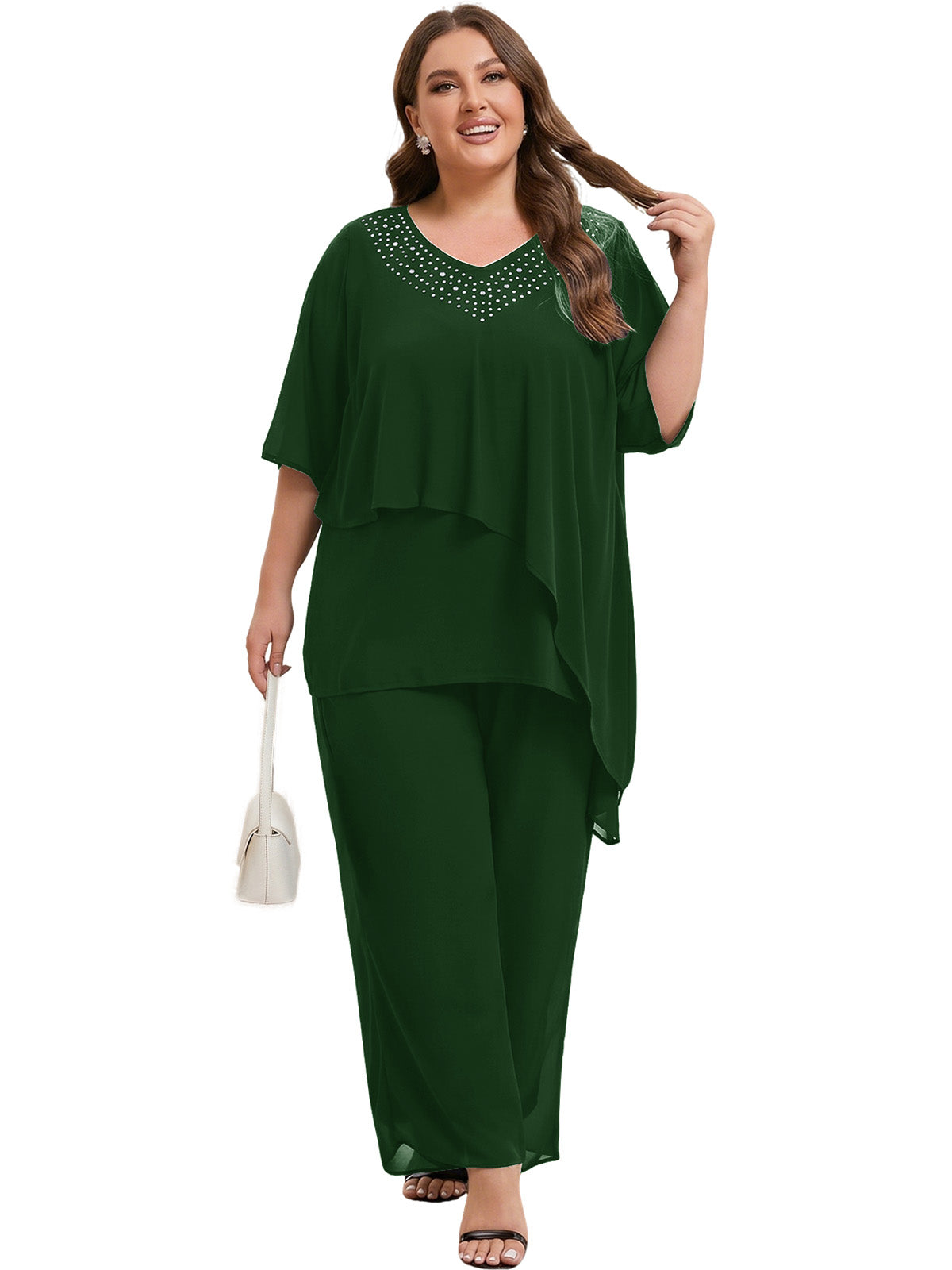 Beaded V-Neck Chiffon Asymmetrical Layered Moms Sets with Wide-Leg Pants