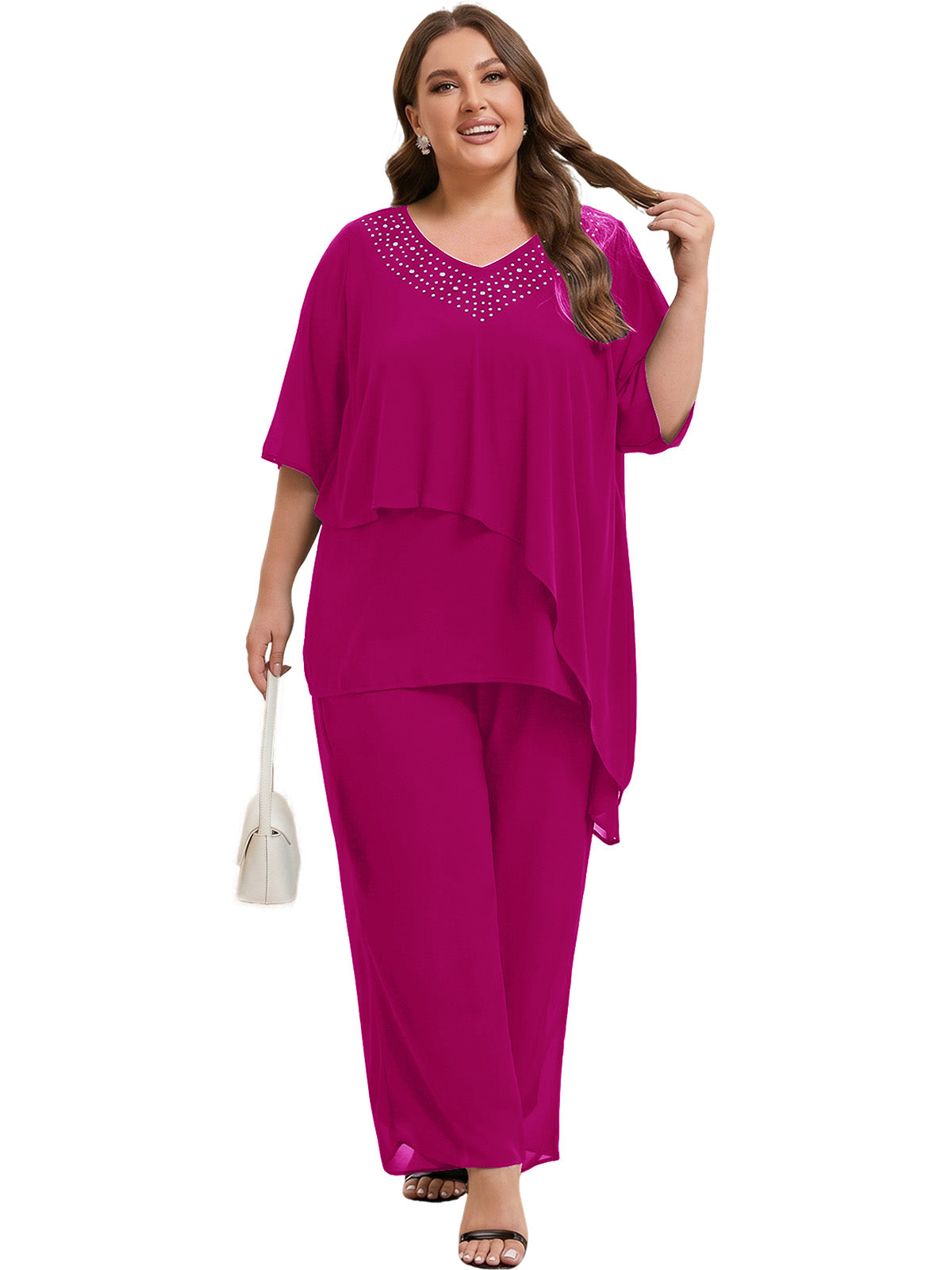 Beaded V-Neck Chiffon Asymmetrical Layered Moms Sets with Wide-Leg Pants