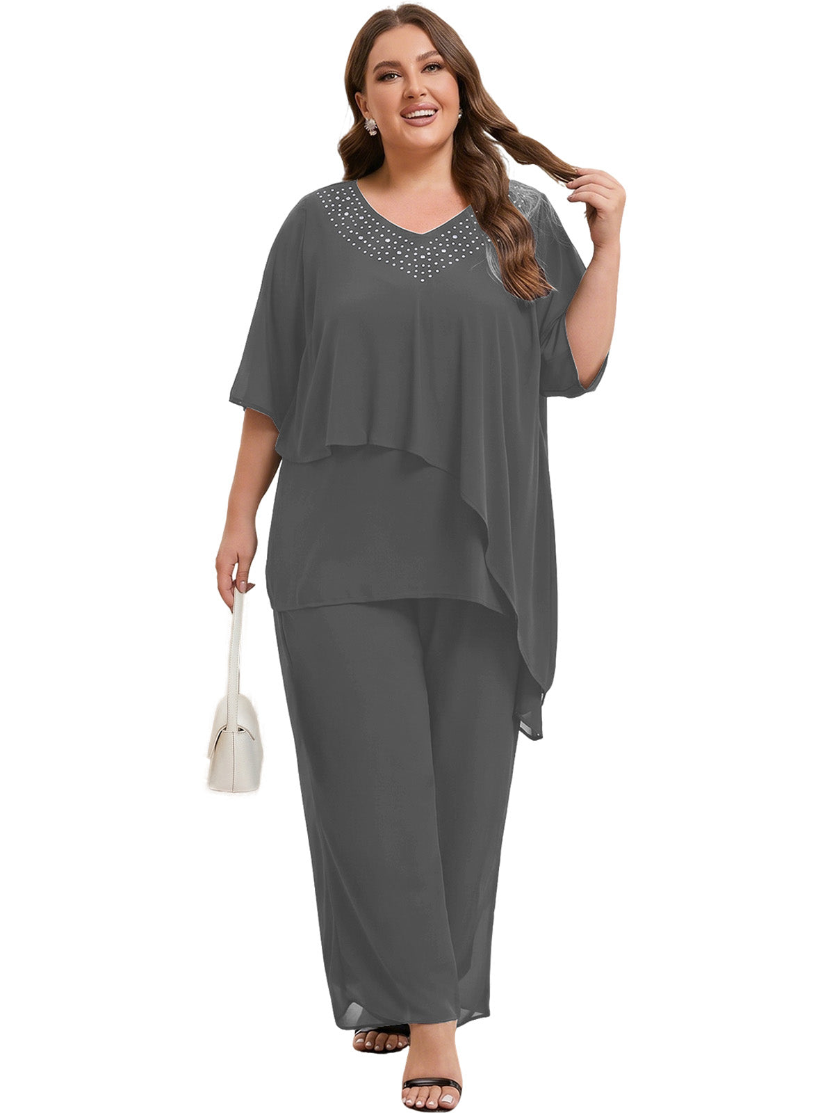 Beaded V-Neck Chiffon Asymmetrical Layered Moms Sets with Wide-Leg Pants