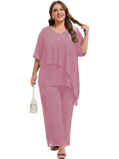 Beaded V-Neck Chiffon Asymmetrical Layered Moms Sets with Wide-Leg Pants