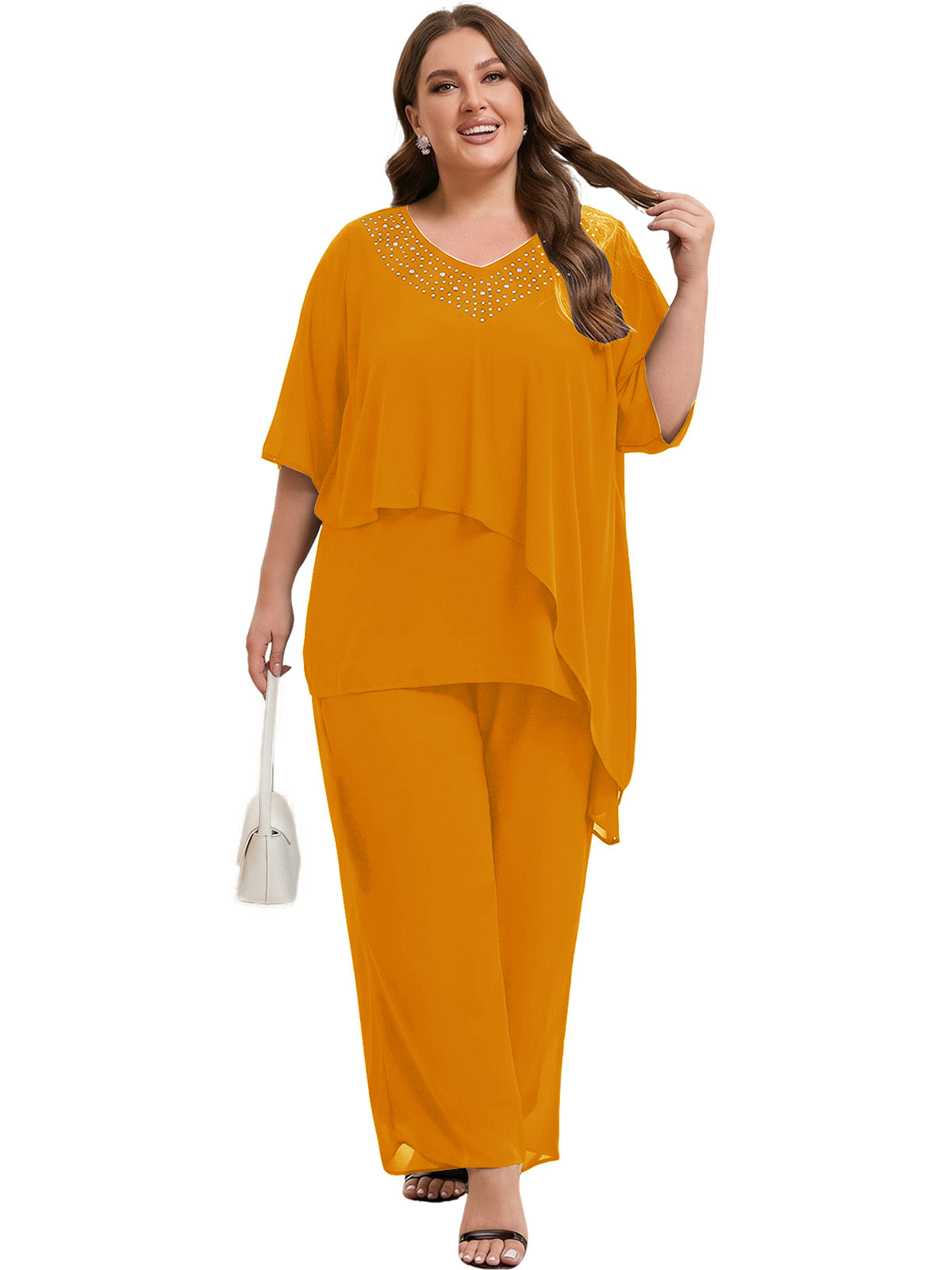Beaded V-Neck Chiffon Asymmetrical Layered Moms Sets with Wide-Leg Pants