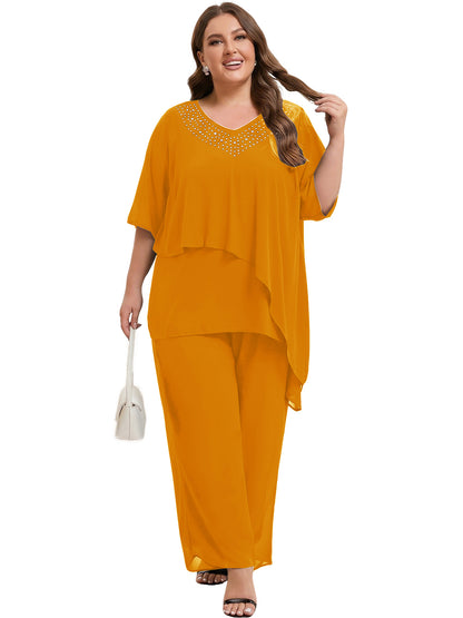 Beaded V-Neck Chiffon Asymmetrical Layered Moms Sets with Wide-Leg Pants