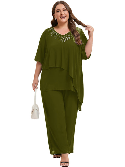 Beaded V-Neck Chiffon Asymmetrical Layered Moms Sets with Wide-Leg Pants