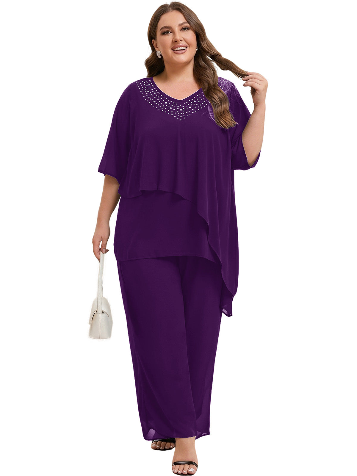 Beaded V-Neck Chiffon Asymmetrical Layered Moms Sets with Wide-Leg Pants