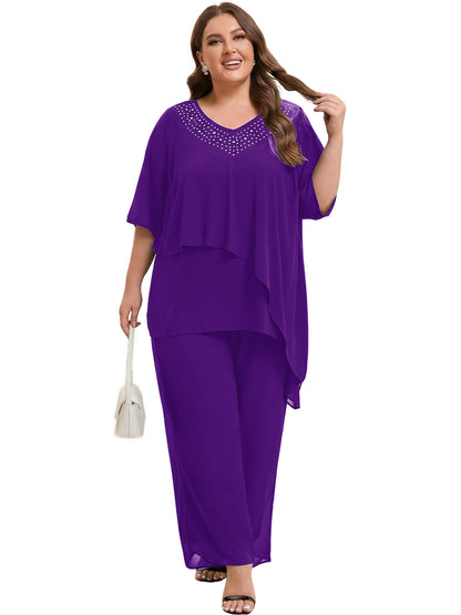 Beaded V-Neck Chiffon Asymmetrical Layered Moms Sets with Wide-Leg Pants