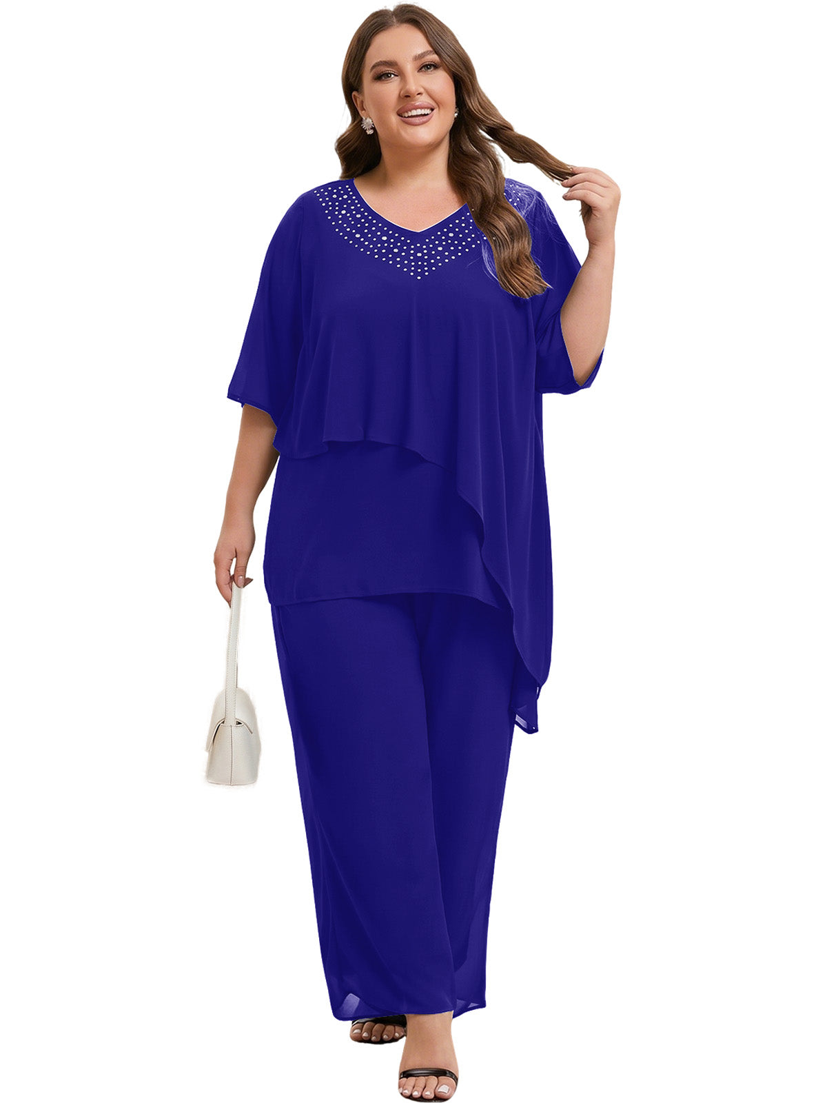 Beaded V-Neck Chiffon Asymmetrical Layered Moms Sets with Wide-Leg Pants
