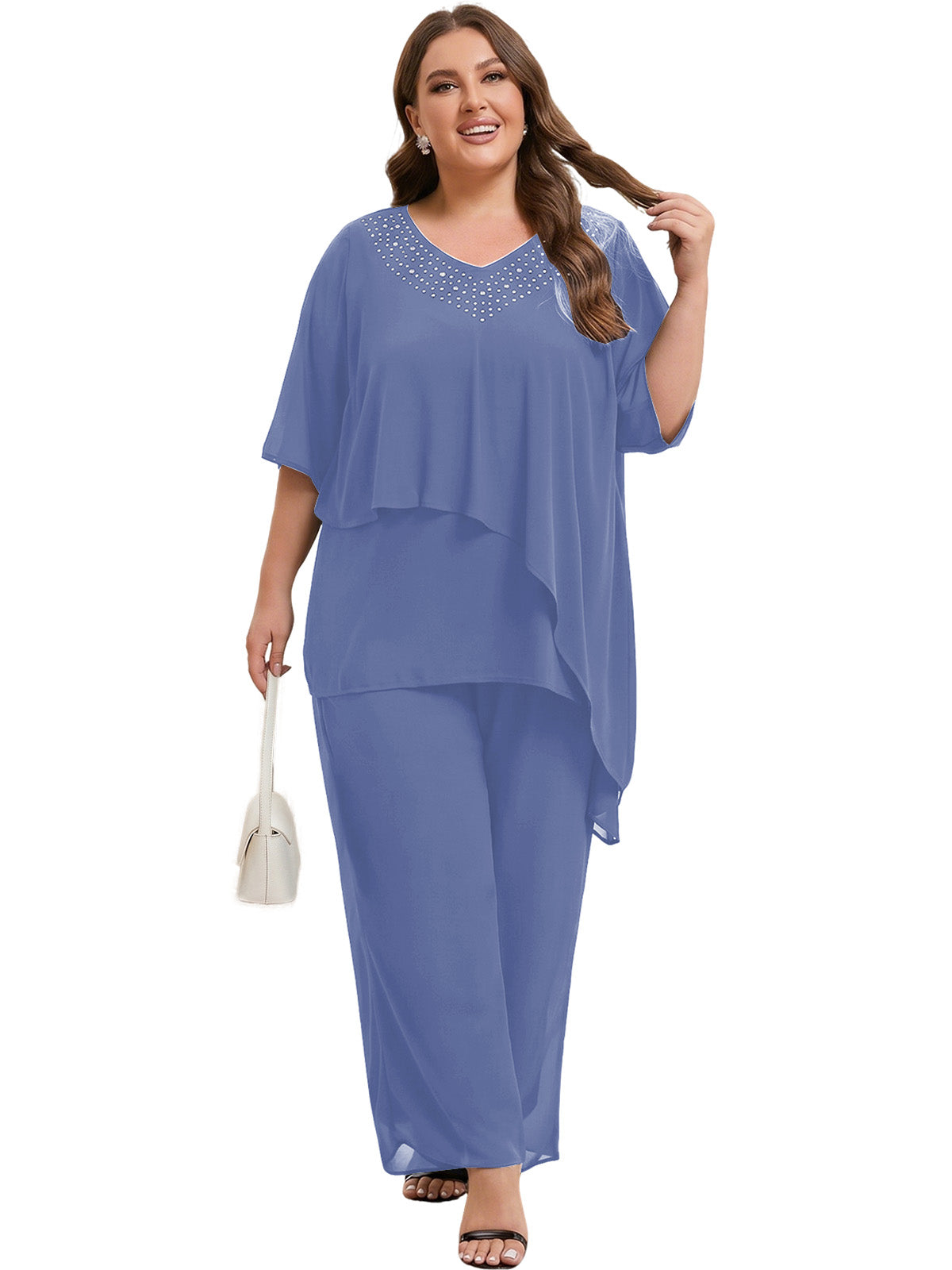 Beaded V-Neck Chiffon Asymmetrical Layered Moms Sets with Wide-Leg Pants
