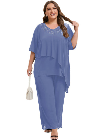 Beaded V-Neck Chiffon Asymmetrical Layered Moms Sets with Wide-Leg Pants