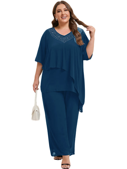 Beaded V-Neck Chiffon Asymmetrical Layered Moms Sets with Wide-Leg Pants