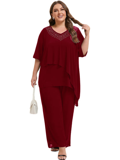 Beaded V-Neck Chiffon Asymmetrical Layered Moms Sets with Wide-Leg Pants