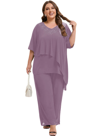 Beaded V-Neck Chiffon Asymmetrical Layered Moms Sets with Wide-Leg Pants
