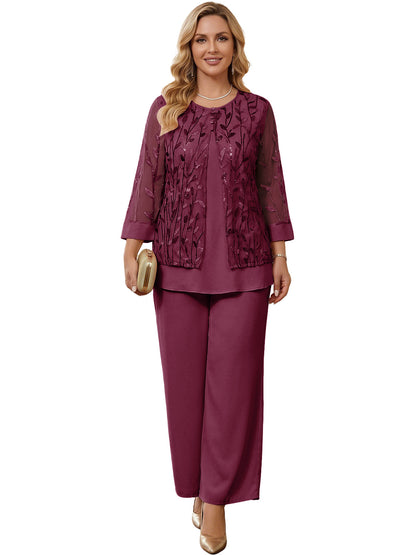 Embroidered Mesh Chiffon Wide-Leg Two-Piece Pantsuit Moms Sets