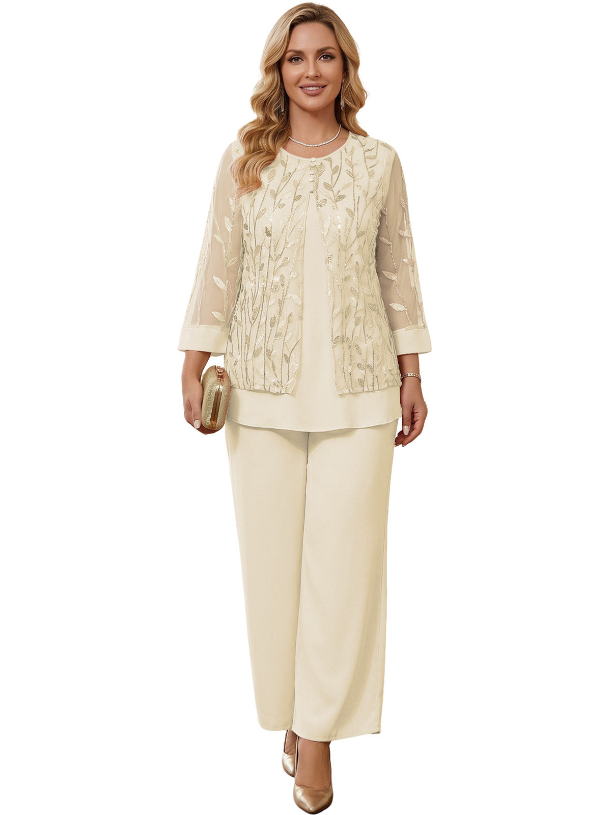 Embroidered Mesh Chiffon Wide-Leg Two-Piece Pantsuit Moms Sets